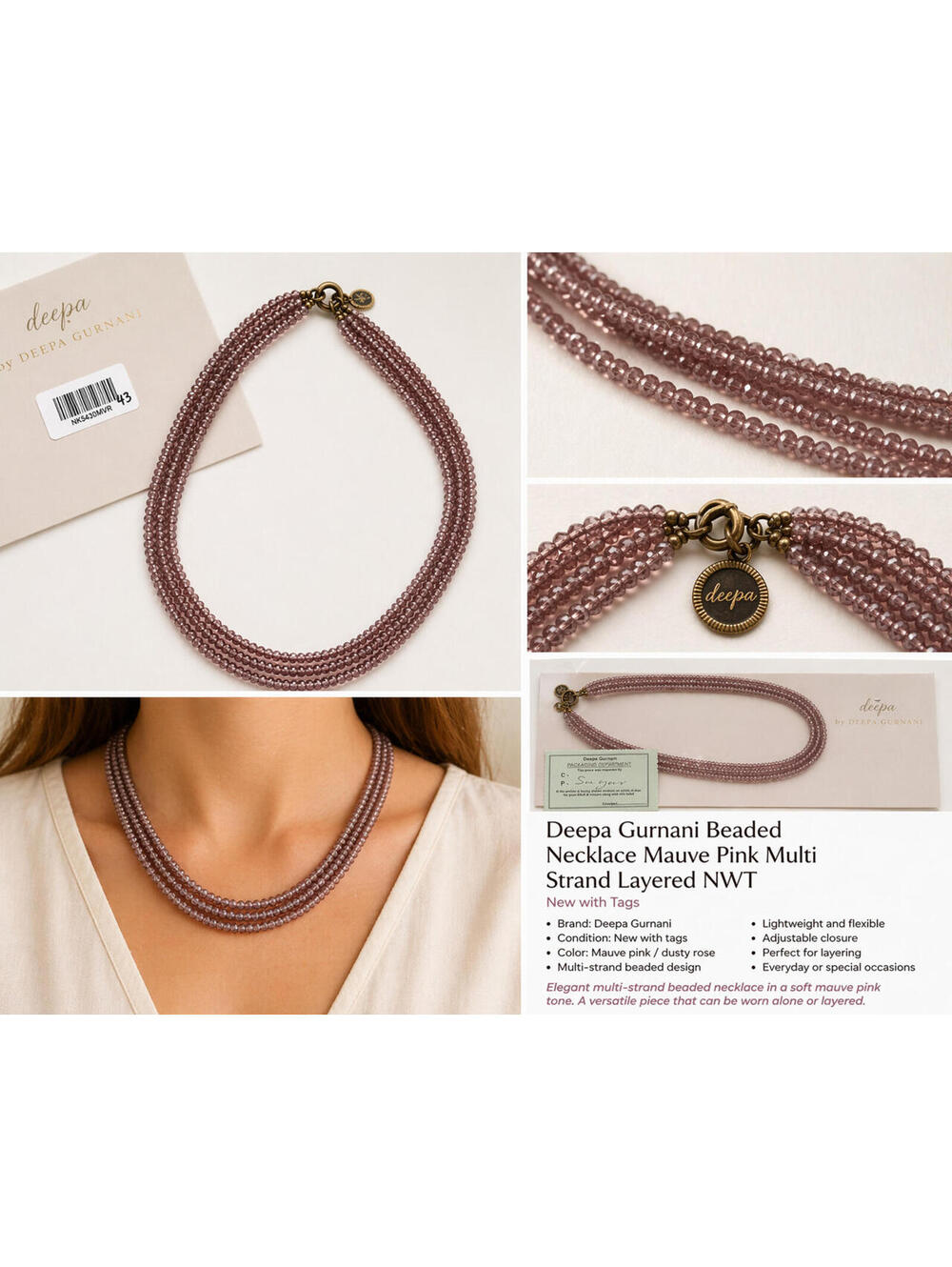 Deepa Gurnani Beaded Necklace Mauve Pink